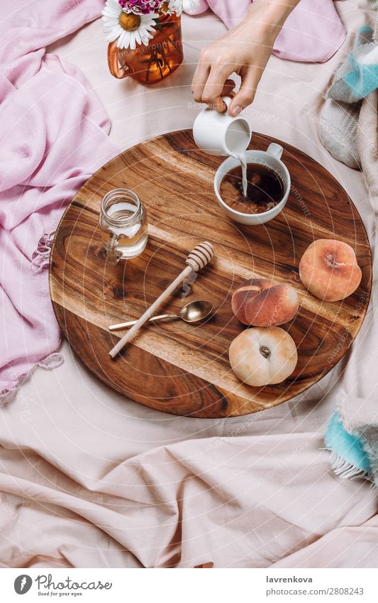 Flatlay of wooden tray with cup of coffee, peaches, creamer Cup Mug flatlay flat lay Bedroom Breakfast Espresso Syrup Spoon Fruit Peach Bouquet Winter Autumn