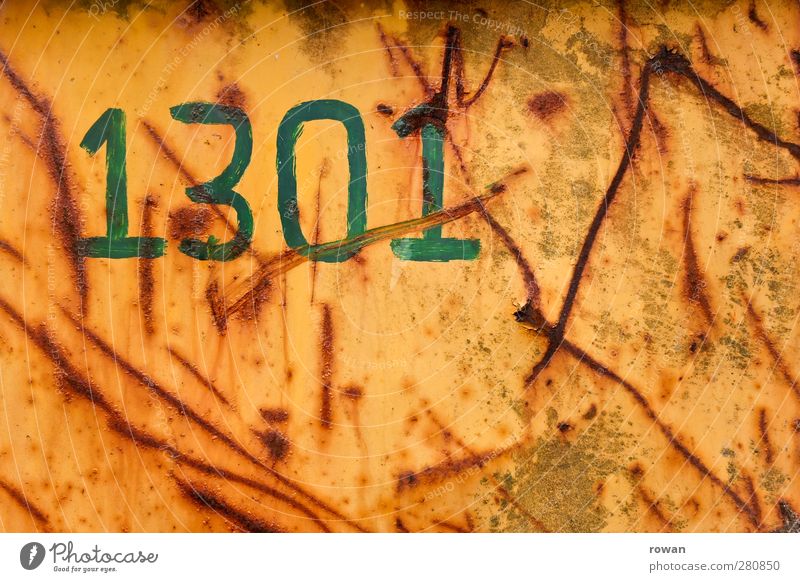 1301 Metal Steel Rust Sign Characters Digits and numbers Signs and labeling Old Broken Retro Brown Green Orange Red Scar Furrow Scratch mark