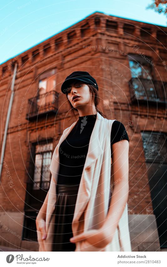 Sensual stylish woman on street Woman Style Youth (Young adults) Street Brick Building hands in pockets Cap Beautiful City Fashion pretty Attractive Model