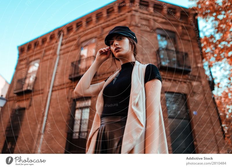 Sensual stylish woman on street Woman Style Youth (Young adults) Street Brick Building hands in pockets Cap Beautiful City Fashion pretty Attractive Model