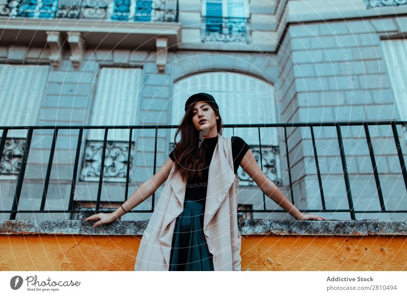 Stylish young woman at handrail Woman Style Youth (Young adults) Street Fence Handrail Building Beautiful City Fashion pretty Attractive Model Human being