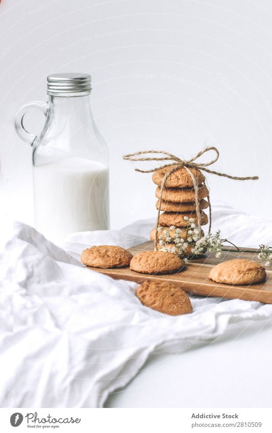 Bottle of milk and cookies Milk Cookie Sweet Glass Food Table Snack Dessert White Fresh Drinking Delicious To feed Kitchen Stack Breakfast Sugar Home Tasty