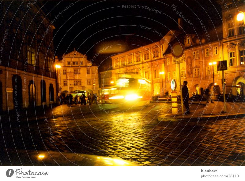 Prague & Tram Night Light Town Europe
