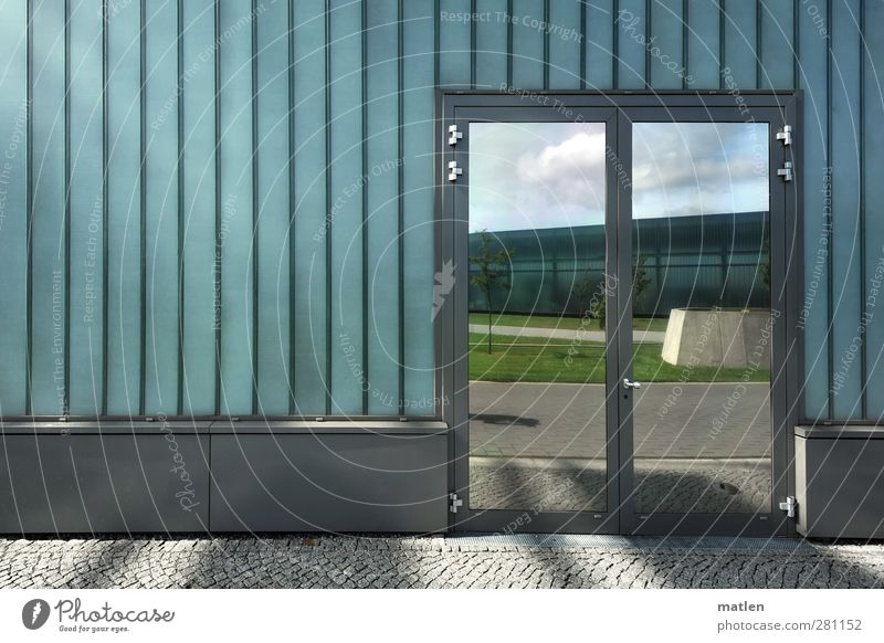 mirror area Deserted House (Residential Structure) Industrial plant Wall (barrier) Wall (building) Facade Street Glittering Gray Green Closed Mirror Car door