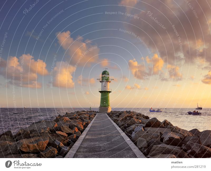 In the morning Landscape Sky Clouds Summer Beautiful weather Coast Baltic Sea Lighthouse Traffic infrastructure Navigation Boating trip Harbour Blue Brown