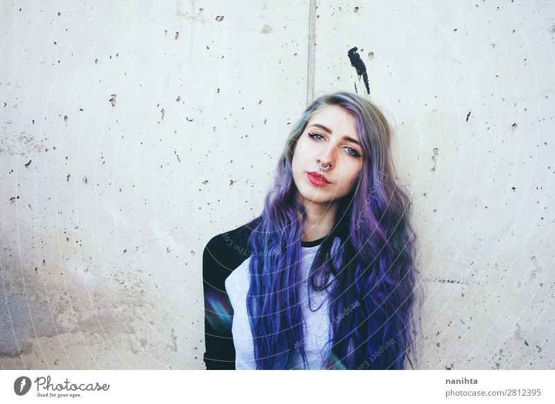 Cool young woman with blue hair and a septum piercing Beautiful Hair and hairstyles Face Freedom Human being Feminine Young woman Youth (Young adults) Woman