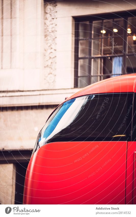 Back of bus Bus double-decker London Transport City Town England Europe Skyline English Vertical Exterior shot Copy Space Deserted Great Britain Red Ride