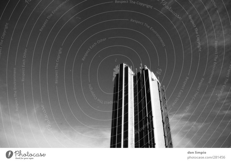 skyscraper Town Building Large Tall Modern High-rise Sky Analog Architecture Black & white photo Exterior shot Deserted Copy Space left Day Deep depth of field