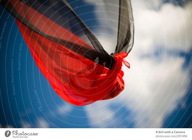 knotted up Sky Clouds Summer Beautiful weather Blue Red Black Blow Flag Knot Node Transparent Above Wind Cloth Colour photo Multicoloured Exterior shot Close-up