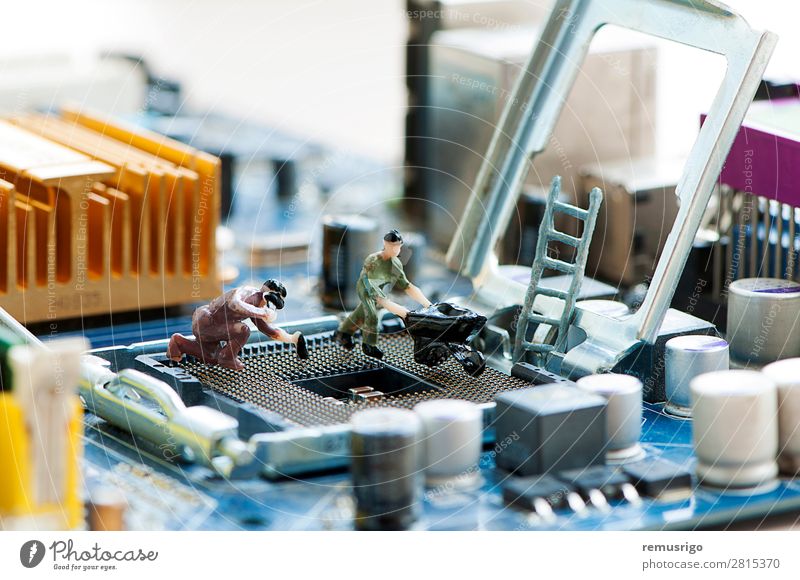 Miniature workers repairing a processor Technology Work and employment board Token circuit hardware Processor Repair service Socket Employees &amp; Colleagues