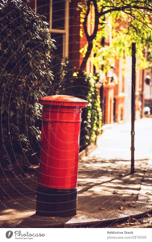 Red London mailbox Mailbox England English Great Britain Box Communication letterbox national Street City Town Vertical Exterior shot Deserted Copy Space