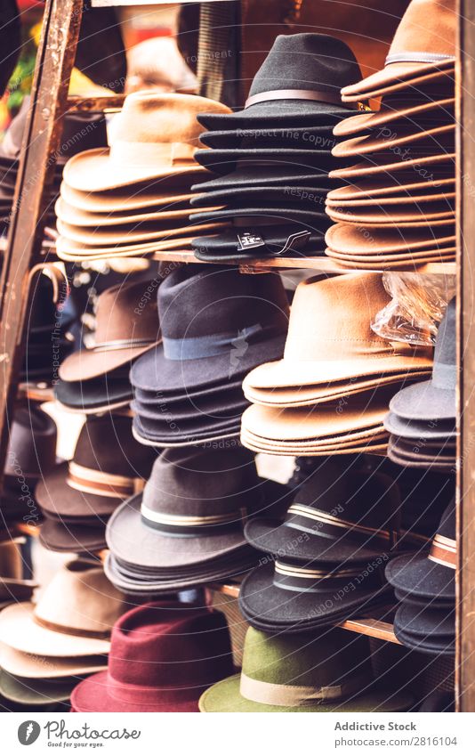 Fedora sale stall Markets Stall fedoras Accessory Style Summer Storage Fashion Hat Shopping Elegant Stack Accumulation Collection Retail sector Sale Tourism