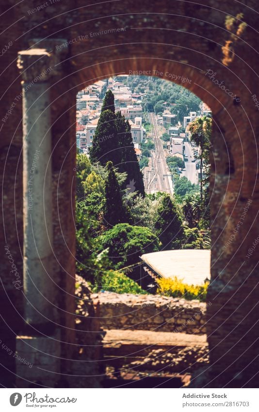 Detail view of Taormina, Sicily, Italy etna Italian Ocean Island Mountain Theatre Vantage point Old Greek Village Historic Architecture Amphitheatre Tourism