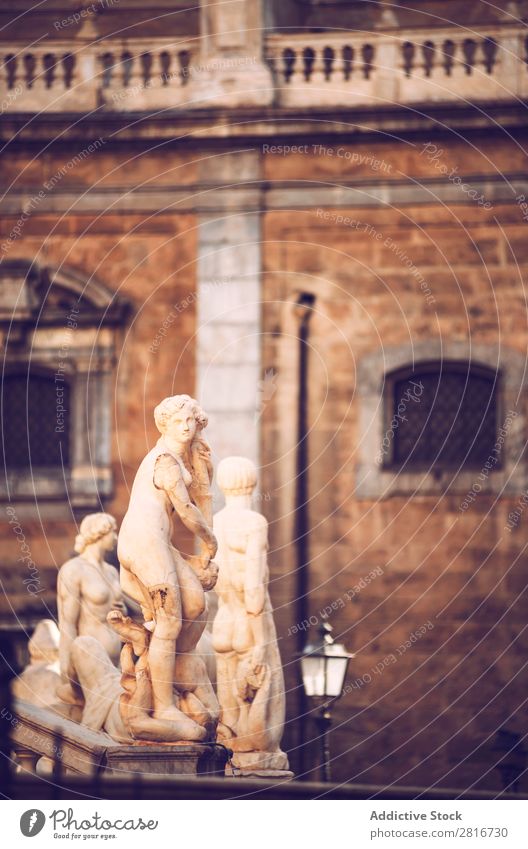 Detail view of baroque fountain with nude statues on piazza Pretoria in Palermo, Sicily, Italy Italian Fountain Sculpture Vacation & Travel Statue Marble