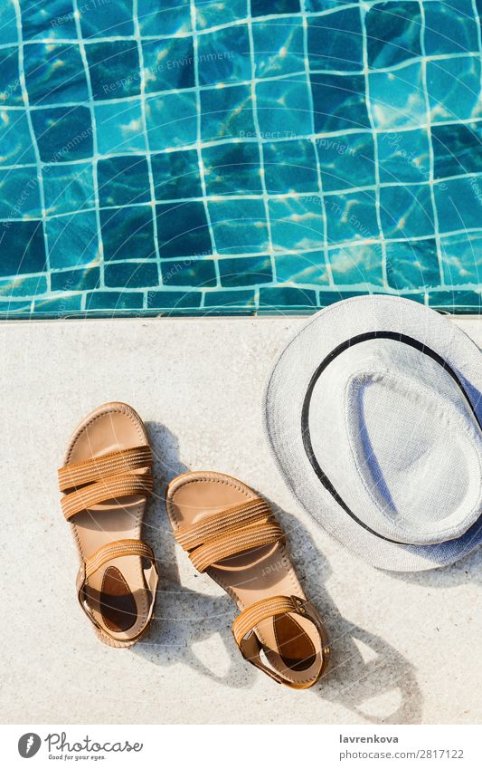 flat lay of woman's sandals and hat front of the pool Background picture Blue Hat Vacation & Travel Hot Hotel Leisure and hobbies Lifestyle Deserted