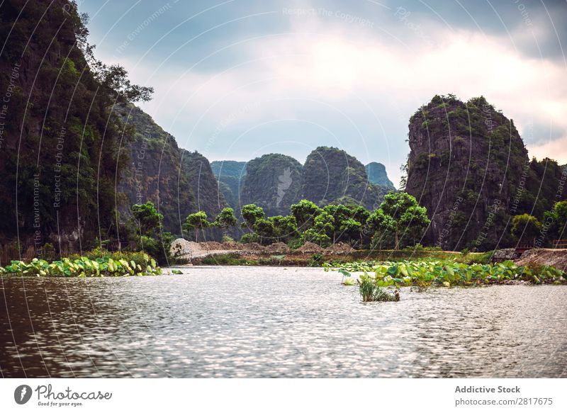 Landscape Vietnam. River view in the dim light of dusk at Ninhbinh, Tam Coc, Vietnam Asia asian Banana Beautiful Watercraft tam coc Can Tho cho ninh ninhbinh