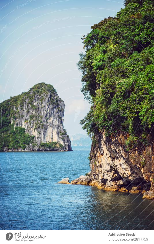 Picturesque sea landscape. Ha Long Bay, Vietnam Halong bay Asia Island Landmark Rock Blue asian Cruise Green Tree South Vietnamese Watercraft Village Dinghy
