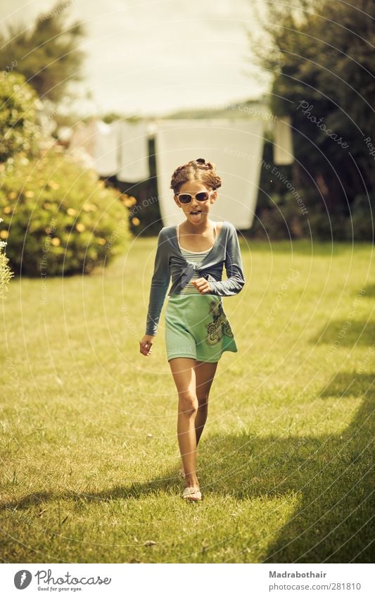 impudently Feminine Child Girl Infancy 1 Human being 8 - 13 years Bushes Garden Meadow Skirt Sunglasses Brunette Braids Going Laughter Brash Free Happiness