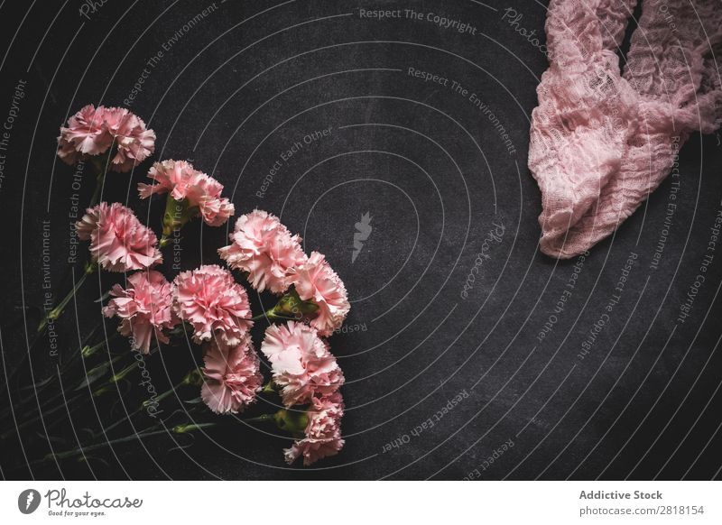 Flowers on black background. Flat lay, top view Background picture Love Carnations Consistency Blossom leave Gift valentine Natural Floral Bouquet Birthday Leaf