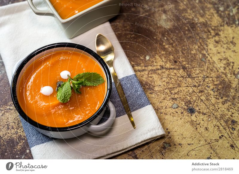 Pumpkin cream on bowl Cream Soup Healthy Eating Stew pumpkin pipes Vegetable Vegetarian diet Tradition Home-made Spoon Napkin Wood Plate Bowl Mint Dinner Diet
