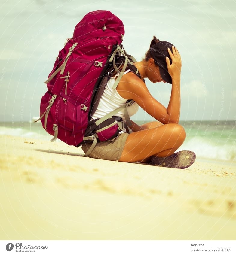 backpacker Backpacking Vacation & Travel Travel photography Beach Sandy beach Woman Human being Sit Ocean Waves Sadness Fatigue Tourist Heavy Luggage Exhaustion