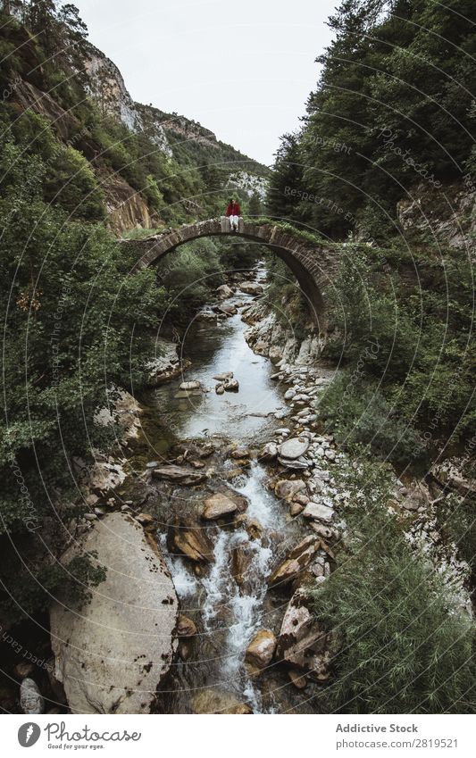 Woman sitting on old bridge Bridge Old Nature Forest Vacation & Travel Exterior shot Human being Water Beautiful Landscape Stone Park Beauty Photography