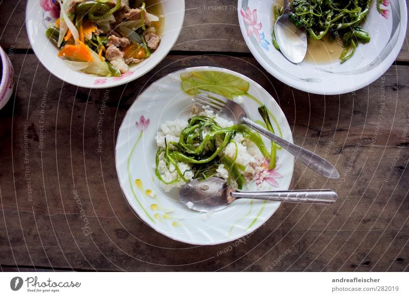 Cambodian food. Food Meat Vegetable Herbs and spices Nutrition Lunch Asian Food Crockery Plate Cutlery Knives Fork Spoon To enjoy Healthy Eating Water spinach