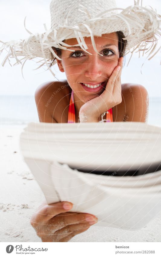 beach-reading-crazy Woman Human being Tourist Feminine Book Reading Beach Lie Couch Education Print media Summer Tourism Relaxation Calm Motionless Ocean Water