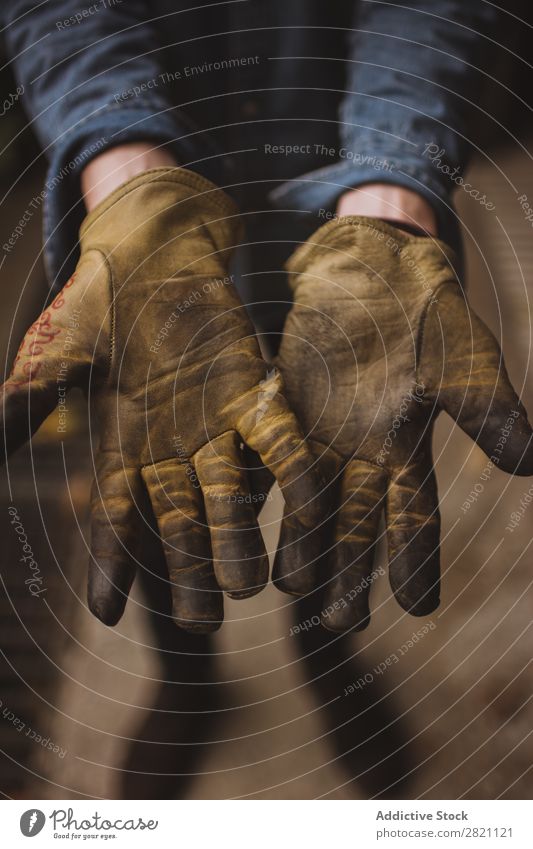 Hands in work gloves Gloves Workwear Dirty Equipment Protective Protection Safety Employees &amp; Colleagues Industry Clothing Work and employment Professional