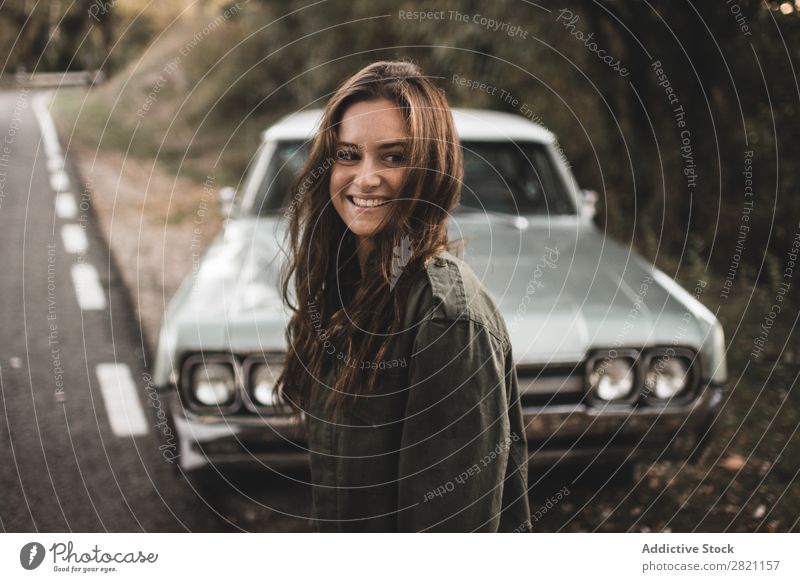 Smiling woman on roadside Car Roadside Woman Street Vacation & Travel Transport Leisure and hobbies Human being Happy Cheerful enjoying Attractive Beautiful