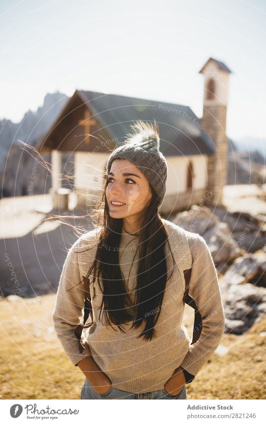 Pretty woman near small church Woman Church Vacation & Travel Tourism Beautiful pretty Human being Youth (Young adults) Architecture Tourist Happy Smiling