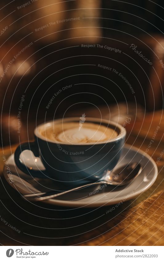 Cup of latte with heart Coffee Table Heart Drinking Hot Brown Foam Café Cappuccino Breakfast Mug ceramic Blue Beverage Food Fresh Art Saucer Wood Sense of taste