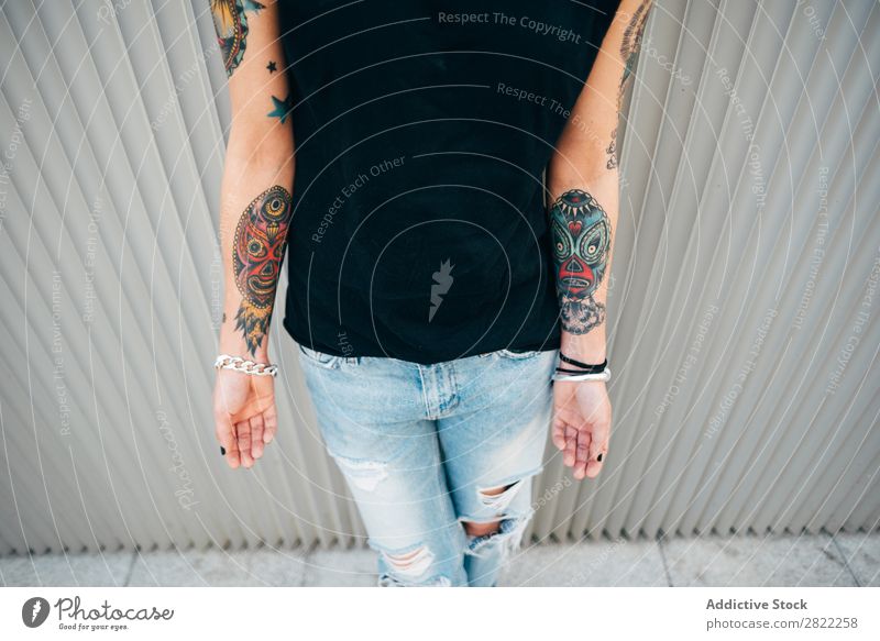 Crop stylish woman at metal wall Woman Style Tattoo Street Beautiful Youth (Young adults) Fashion Hipster pretty Cool (slang) Beauty Photography Attractive