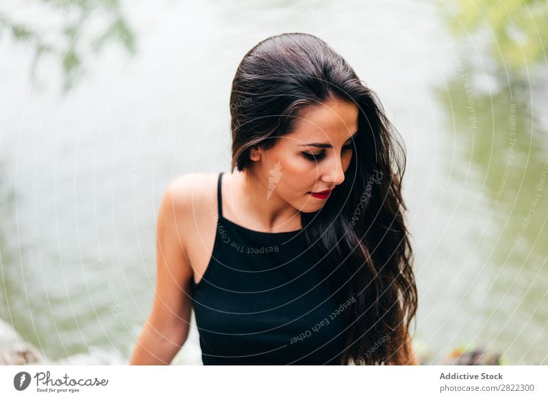 Brunette woman leaning on handrail at river Woman pretty Youth (Young adults) Beautiful Attractive Human being Beauty Photography Adults Style Cute Lifestyle