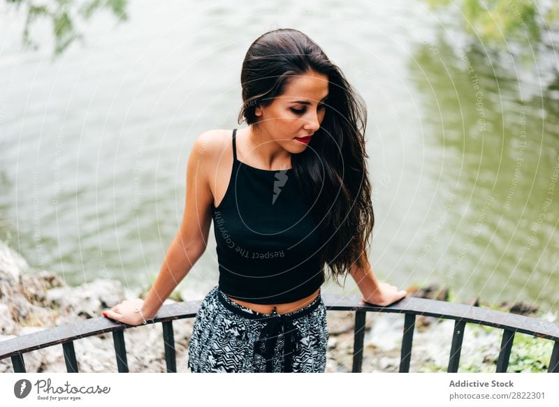 Brunette woman leaning on handrail at river Woman pretty Youth (Young adults) Beautiful Attractive Human being Beauty Photography Adults Style Cute Lifestyle