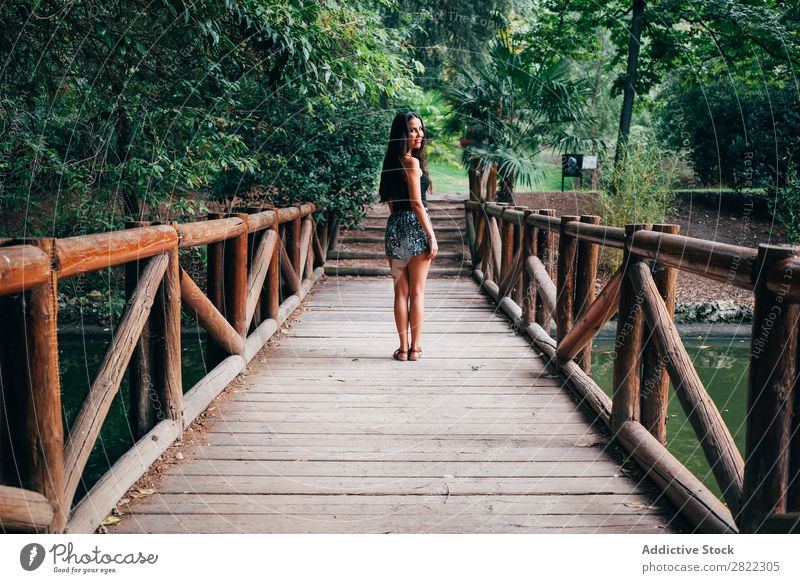 Young woman on wooden bridge Woman pretty Youth (Young adults) Beautiful Bridge Wood Stand Cheerful Smiling Brunette Attractive Human being Beauty Photography
