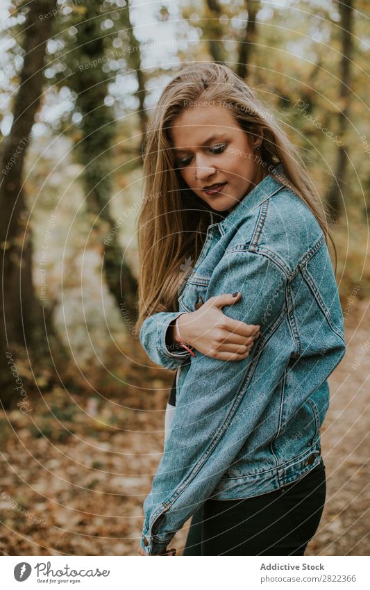 Stylish model in autumnal wood Woman Forest Autumn Style Dream To enjoy Hip & trendy romantic Feminine Adventure Holiday season Nature human face Landscape