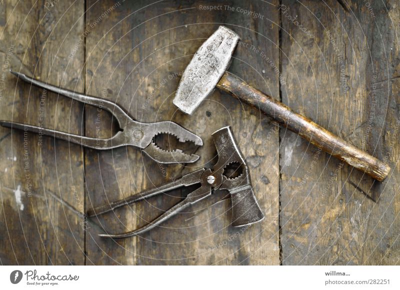 Tools - hammer, pliers and hammer pliers Hammer Pair of pliers Combination pliers Hammer Tongs Metal Old Workplace Craft (trade) nostalgically Wood Workshop