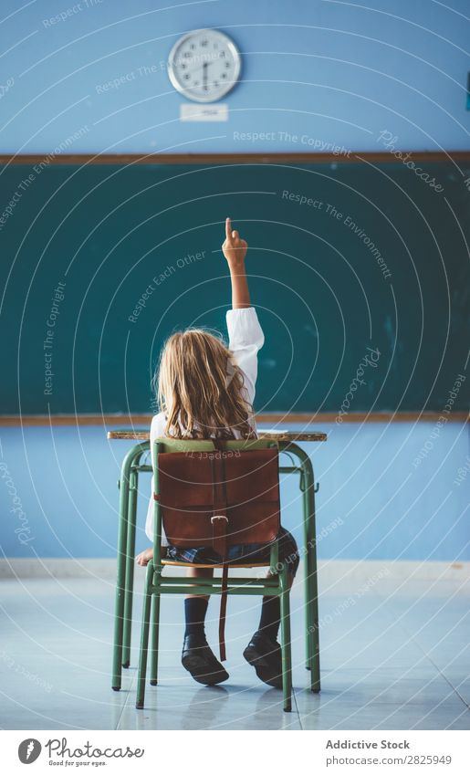 Smiling girl with pencil in class Girl Classroom Blackboard Sit Pencil Happy Cheerful hand up Cute Education School Grade (school level) Student