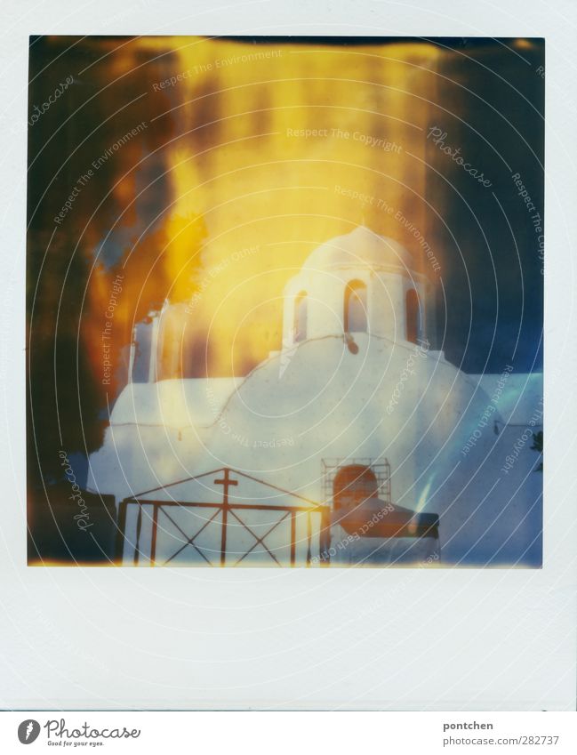 Polaroid shows white church in Greece on santorini Church Belief Religion and faith Christian cross Blue White built Window Colour photo