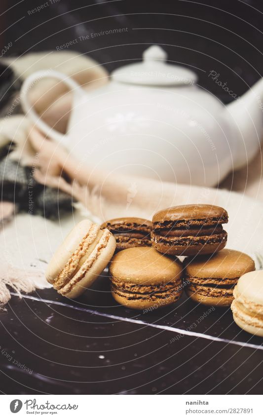 Chocolate, coffee and vanila macarons Cake Dessert Candy Breakfast To have a coffee Beverage Hot drink Coffee Tea Elegant Style Dark Fresh Delicious Sweet Brown