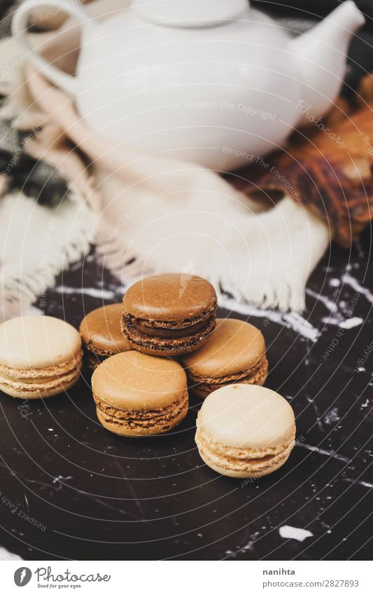 Chocolate, coffee and vanilla macarons Food Cake Dessert Candy Breakfast To have a coffee Coffee Tea Elegant Style Delicious Retro Sweet Macaron Gourmet