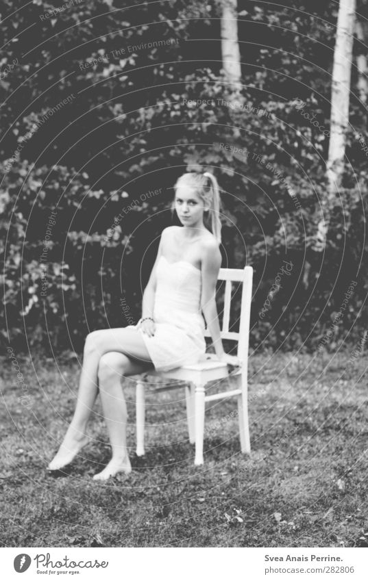 blurry. Feminine Young woman Youth (Young adults) Body Head Hair and hairstyles 1 Human being Environment Nature Tree Chair Fashion Dress Blonde Long-haired