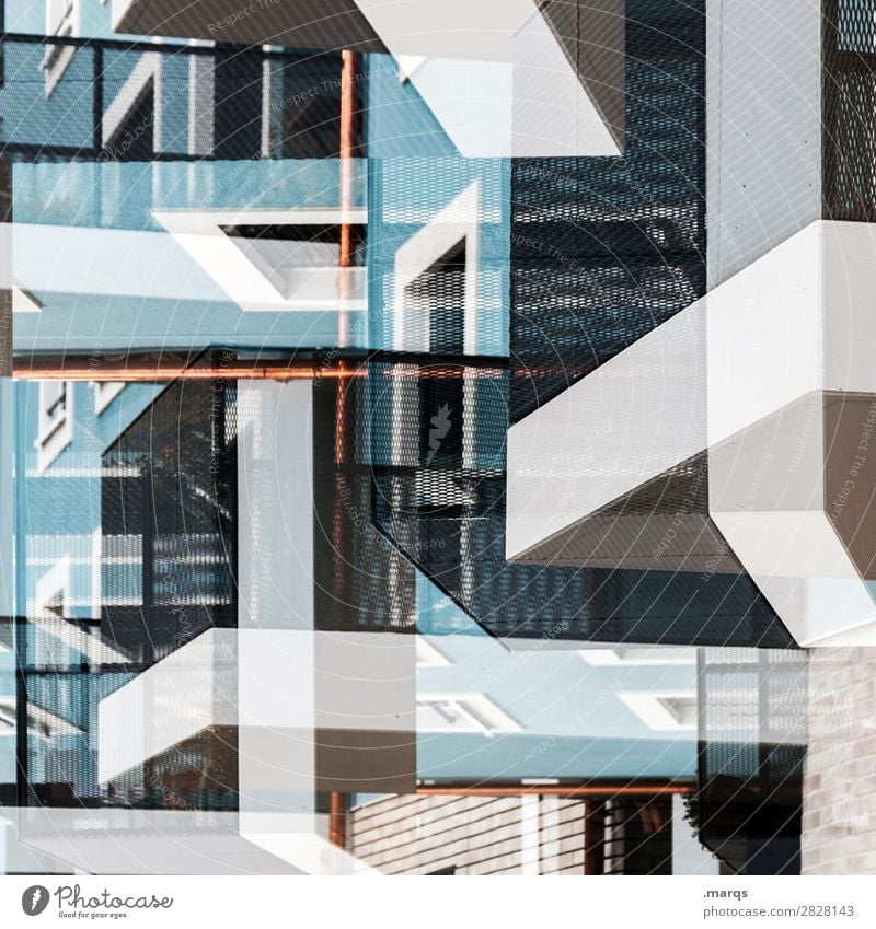 Double house front Architecture Abstract dwell Rent Real estate market House (Residential Structure) Double exposure Building Line Esthetic Blue Facade Window