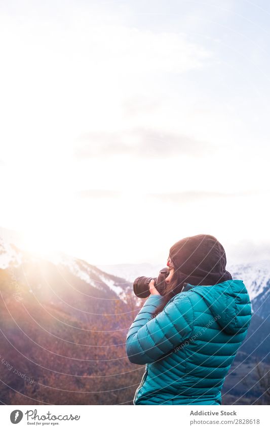 Woman taking shots of mountain Mountain Winter Photographer Nature Landscape Vacation & Travel Girl Photography Human being Lifestyle Camera Tourist