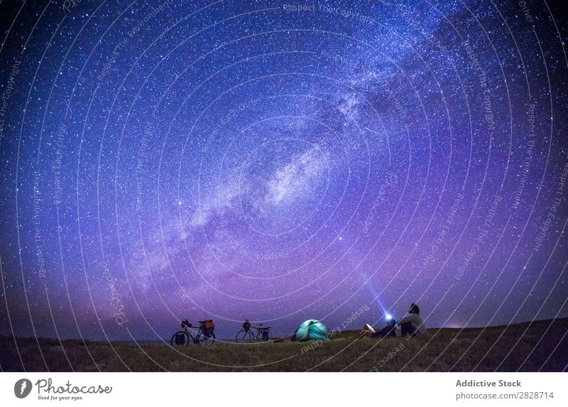 People watching starry sky while camping Couple Tourism Stars Observe romantic Traveling Universe Bicycle Adventure Cycling Camping trekking Freedom Milky way