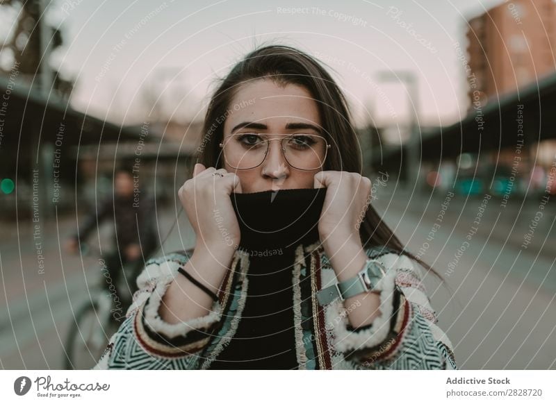 Pretty woman holding collar looking at the camera Woman pretty Youth (Young adults) Beautiful Collar Adjust Looking into the camera City Street Town Brunette