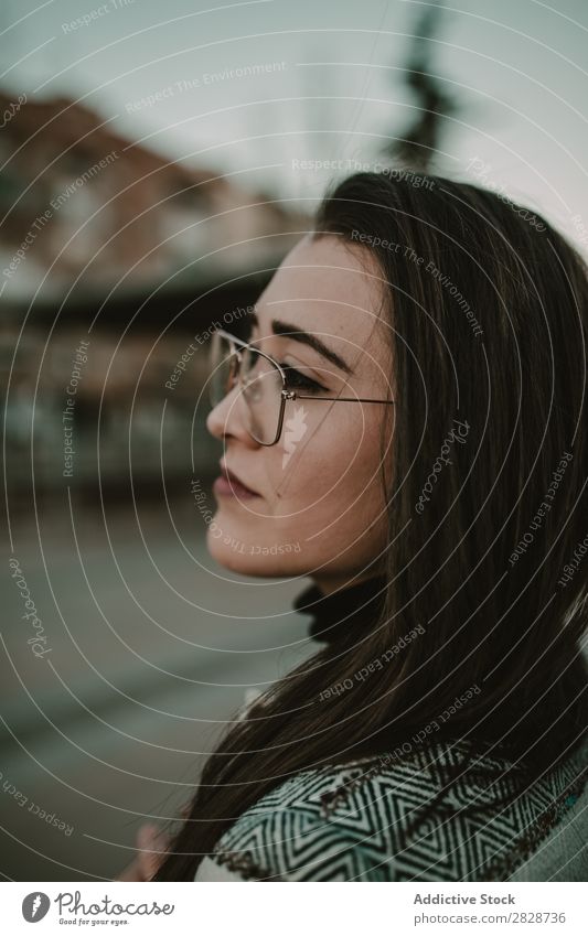 Young stylish woman on street Woman pretty Youth (Young adults) Beautiful City Street Town Person wearing glasses Posture Brunette Attractive Human being