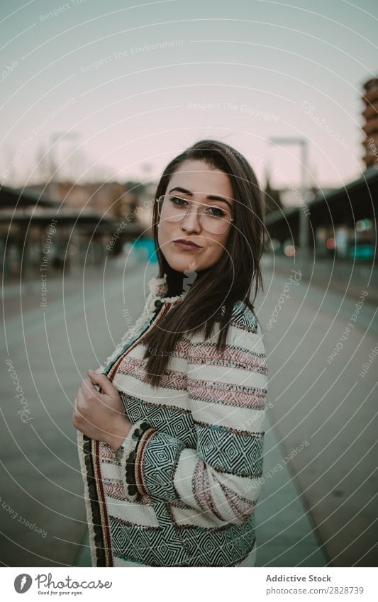 Young stylish woman on street Woman pretty Youth (Young adults) Beautiful City Street Town Person wearing glasses Posture Brunette Attractive Human being