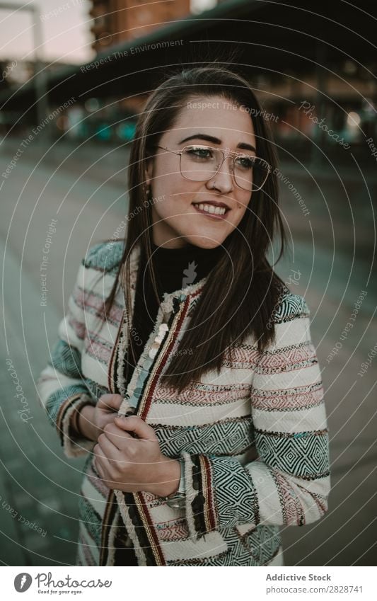 Young stylish woman on street Woman pretty Youth (Young adults) Beautiful City Street Town Person wearing glasses Posture Brunette Attractive Human being